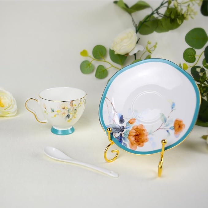Bone China Tea Cup and Saucer Set, Bone China Coffee Cups and Saucers, Vintage Blue and White TeaCups snd Saucers Gift for Mom Friend Tea Party (Blue E)