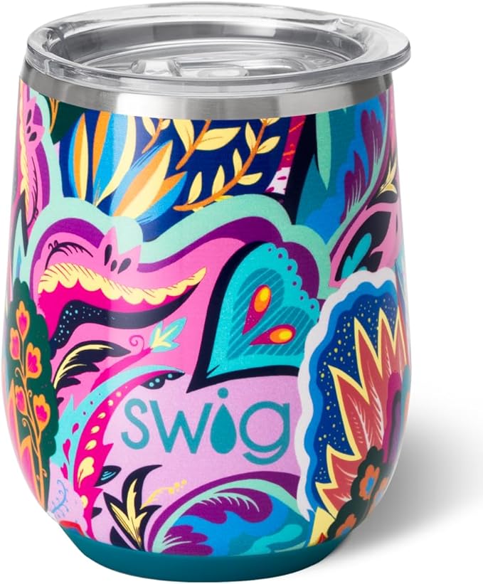 Swig Life 12oz Wine Tumbler with Lid, Stainless Steel, Dishwasher Safe, Portable, Triple Insulated Wine Tumbler (Bazaar)