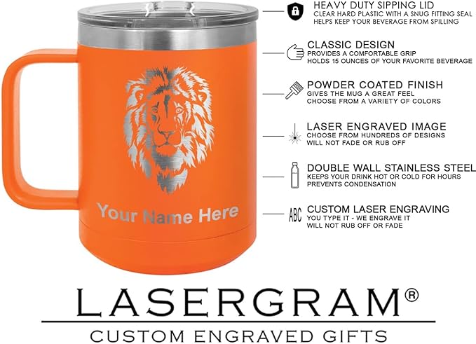 LaserGram 15oz Vacuum Insulated Coffee Mug, Tiki Statue, Personalized Engraving Included (Orange)