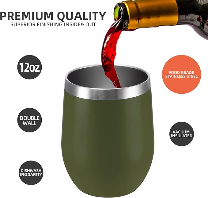 12 oz Insulated Wine Tumbler with Lid and Straw,Stainless Steel Stemless Wine Tumbler Glasses Double Wall Vacuum Wine Cups Tumbler for Coffee,Cocktail,Office（Navy Green,1）
