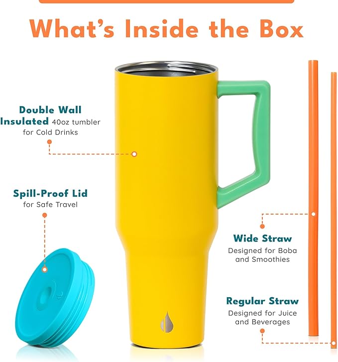 Elemental 40 oz Tumbler with Handle and Straw - Spill Proof Insulated Stainless Steel Commuter for Hot and Cold Beverages - Travel Coffee Mug with 2 Straws & Spill Proof Lid - 40oz - Lemon Zest
