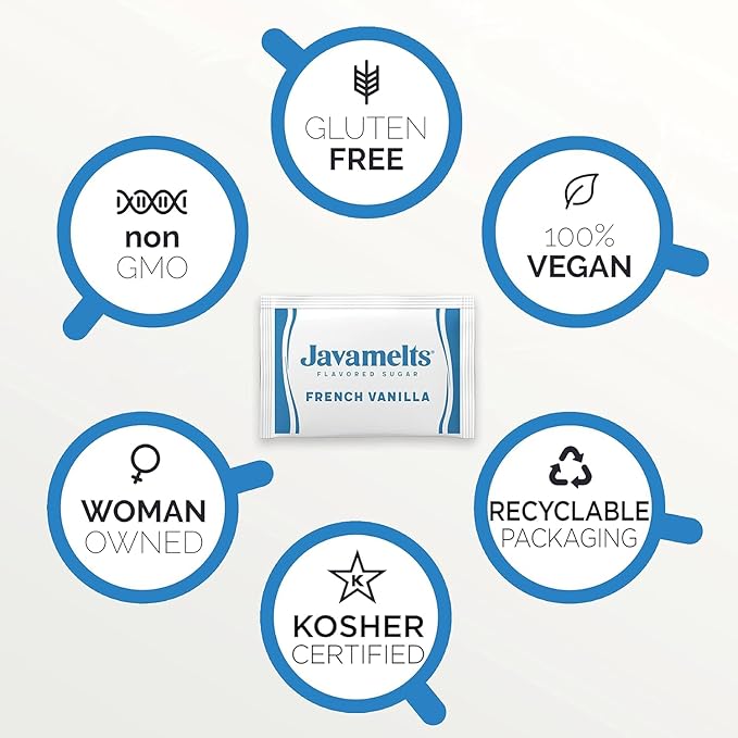 Javamelts French Vanilla Flavored Sugar Packets | Pure Cane Sugar for Baking, Coffee Syrup Substitute, Cocktails, Tea | Non GMO, Non Dairy, Gluten Free, Kosher | 1,000 Bulk Sugar Packets