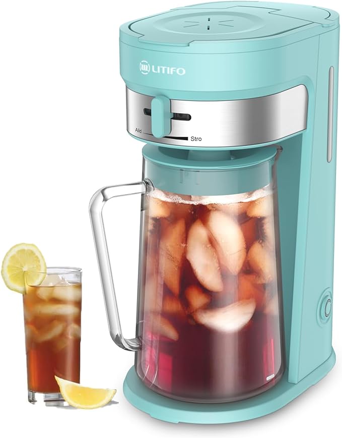 LITIFO Iced Tea Maker and Iced Coffee Maker Brewing System with 2.5-quart Pitcher, sliding strength selector for Taste Customization, Stainless Steel (Green)