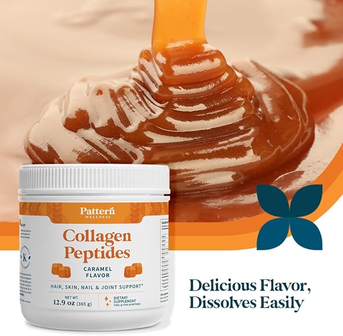 Pattern Wellness Collagen Peptides Powder (Type I & III) - Hair, Nails, Skin & Joint Support - Grass Fed & Pasture-Raised - Hydrolyzed, Non-GMO, Dairy Free, & Keto-Friendly - Caramel (13 Oz)