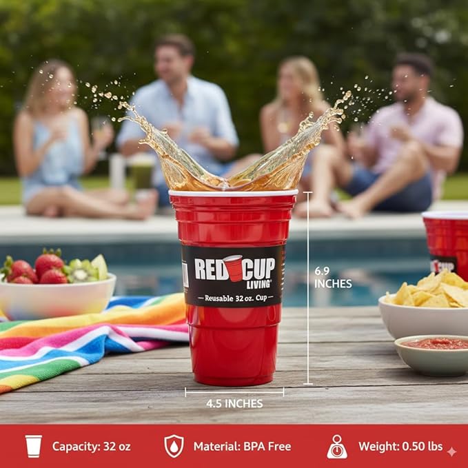 Red Cup Living 32Oz Tumbler Cup Pack of 2, Insulated Reusable Plastic Drinking Glass for Hot & Cold Drinks, Beer Stein, Travel Mug, Party Cup, Holiday Gift, Christmas Decor Thanksgiving Gift Hamper