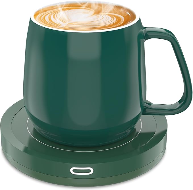 BESTINNKITS Smart Coffee Cup Warmer Set, Auto On/Off Gravity-Induction Mug Office Desk Use, Candle Wax Cup Warmer Heating Plate (Up to 131F/55C), Green Mug Warmer Set