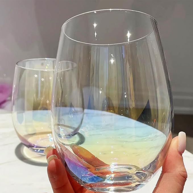 Iridescent Stemless Wine Glasses for Red or White Wine (Set of 2), 18-Ounces, Large Wine Glasses for Cabernet, Pinot Noir, Burgundy, Bordeaux