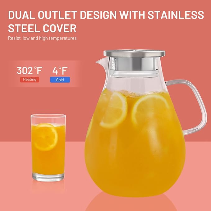 Glass Pitcher With Lid, 51 oz Glass Water Pitcher, 0.4 Gallon glass Pitchers With Handle And Lid For Fridge, Carafe Jug For Hot/Iced Water Milk Juice Coffee Fruit Tea pitcher