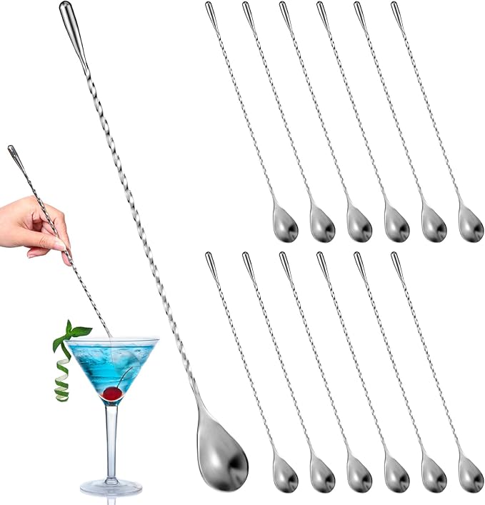 12 Pcs 12 Inches Bar Spoons Stainless Steel Mixing Spoons Spiral Pattern Long Drink Stirrer for Cocktail Shaker, Silver