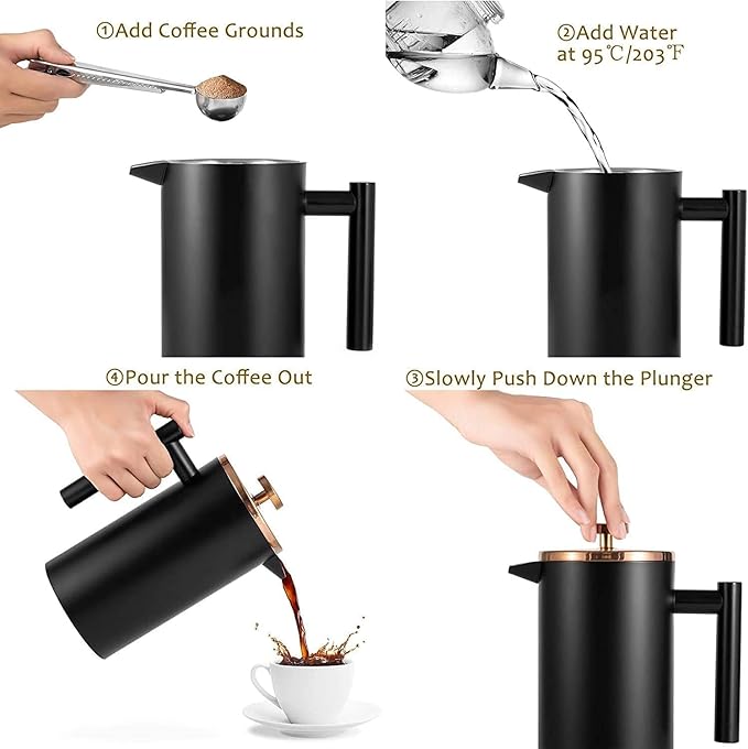 Miuly 12oz French Press for One Person, Small Coffee Press 350ml with 2 Filter Mesh, Double Wall Insulated French Press for Travel, Black