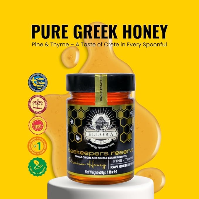 Ellora Farms Greek Honey Single Estate PDO, Pine & Thyme Raw Honey Unfiltered, Beautiful Gift Pack with Dipper, Beekeepers Reserve, Pure Raw & Unfiltered Cold-Pressed, Gluten Free - 450 g