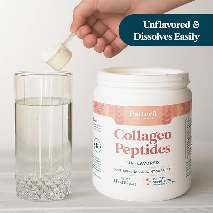 Pattern Wellness Collagen Peptides Powder (Type I & III) - Hair, Nails, Skin & Joint Support - Grass Fed & Pasture-Raised - Hydrolyzed, Non-GMO, Dairy Free, & Keto-Friendly - Unflavored (16 Oz)