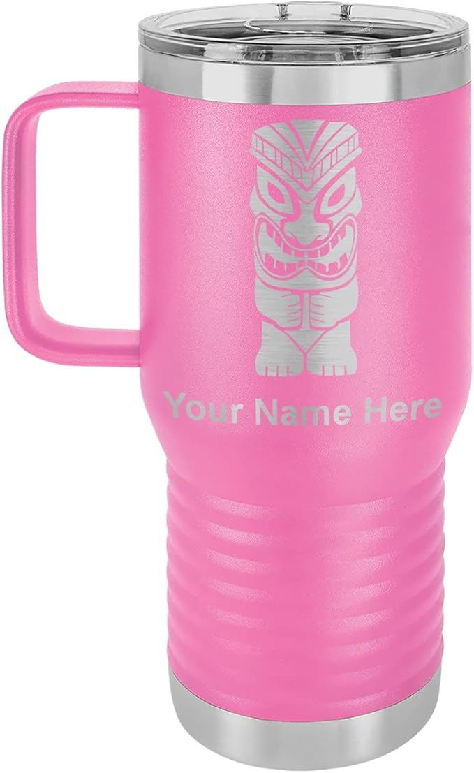LaserGram 20oz Vacuum Insulated Travel Mug with Handle, Tiki Statue, Personalized Engraving Included (Pink)