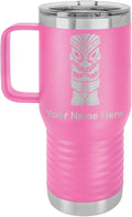 LaserGram 20oz Vacuum Insulated Travel Mug with Handle, Tiki Statue, Personalized Engraving Included (Pink)