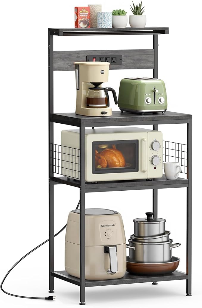 Sweetcrispy Kitchen Bakers Rack with Power Outlet, Coffee Bar Table 4 Tiers, Microwave Oven Stand Station, Adjustable Storage Shelf for Spices, Freestanding Appliance Organizer - 23.6 Inch, Gray
