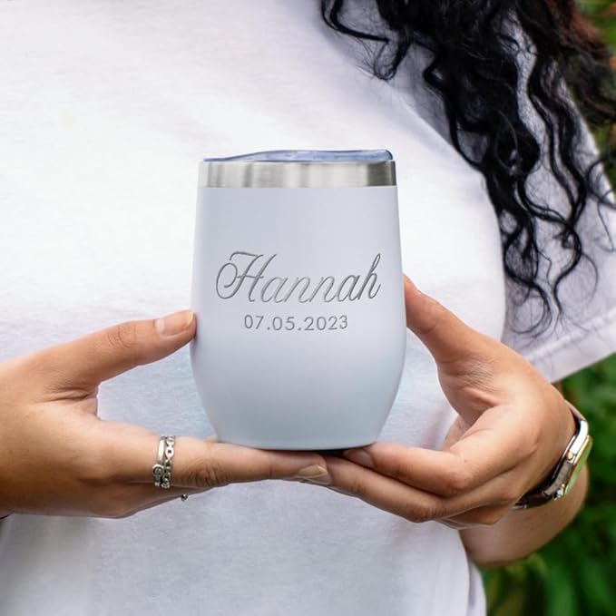 Gifts Inscribed Personalized Wine Tumbler with Lid – White Custom Engraved Stainless Steel Insulated Mug for Hot & Cold Drinks – Customized Bridesmaid, Wedding, or Birthday Gift