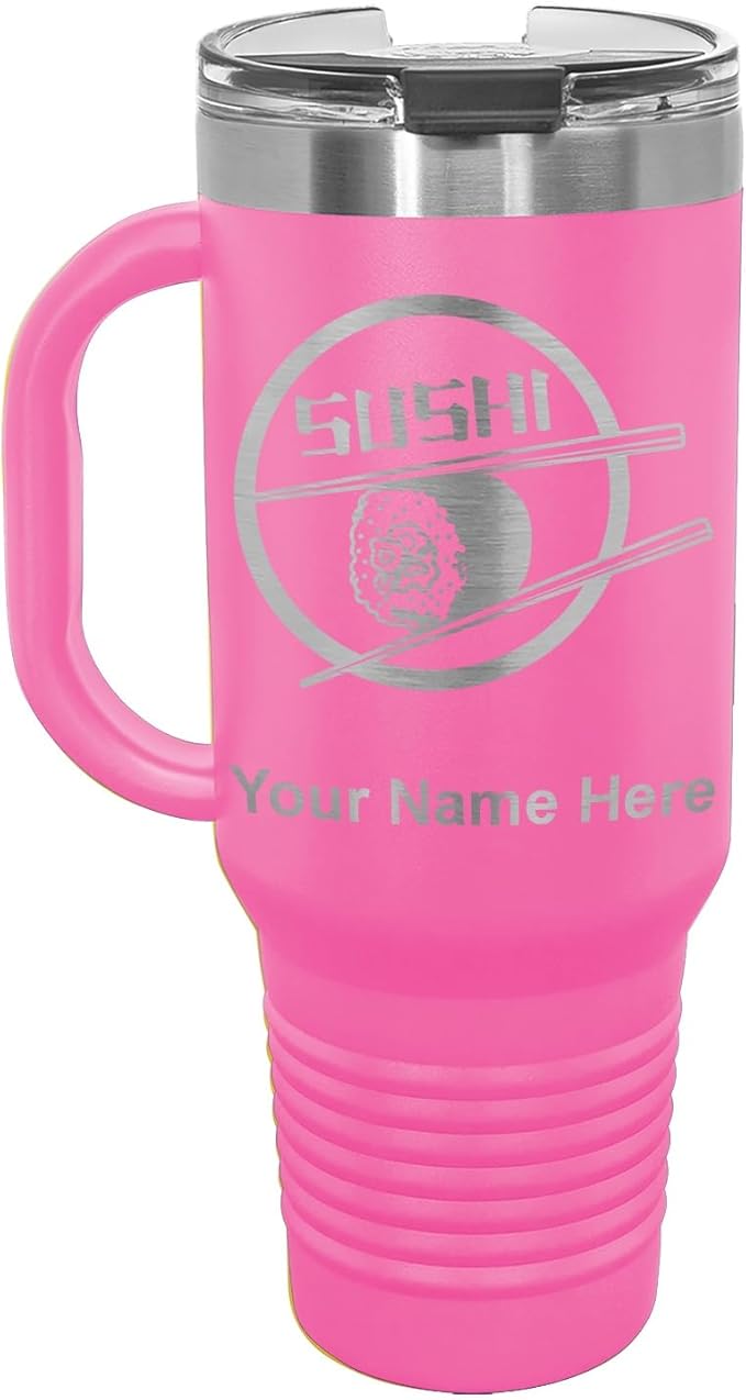 LaserGram 40oz Vacuum Insulated Travel Mug with Handle, Sushi, Personalized Engraving Included (Pink)