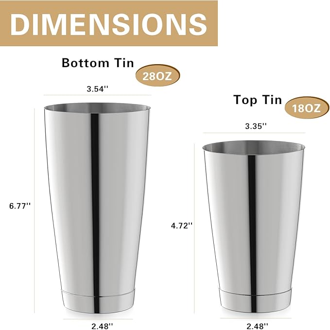 WOTOR Boston Cocktail Shaker Set, 18 oz & 28 oz Stainless Steel Weighted Shaker Tins, Metal Martini Shaker Drink Mixer for Bartending, professional Bar Tools for Bartender （Sliver）