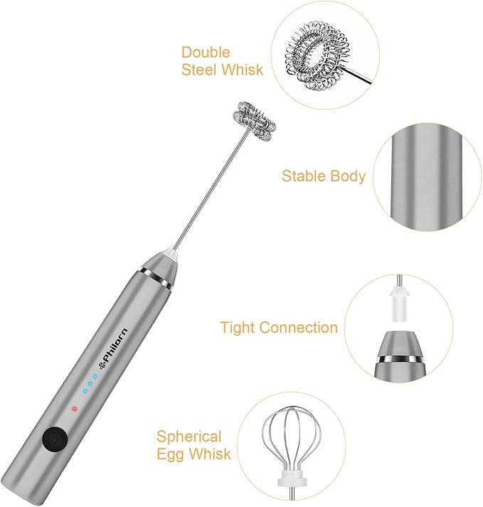 Philorn Milk Frother Wand Handheld Rechargeable Electric Whisk Coffee Drink Mixer, Mini Foamer for Lattes, Cappuccino, Frappe, Matcha, Hot Chocolate, Protein Powder, Keto Diet (Silver 2 Heads)