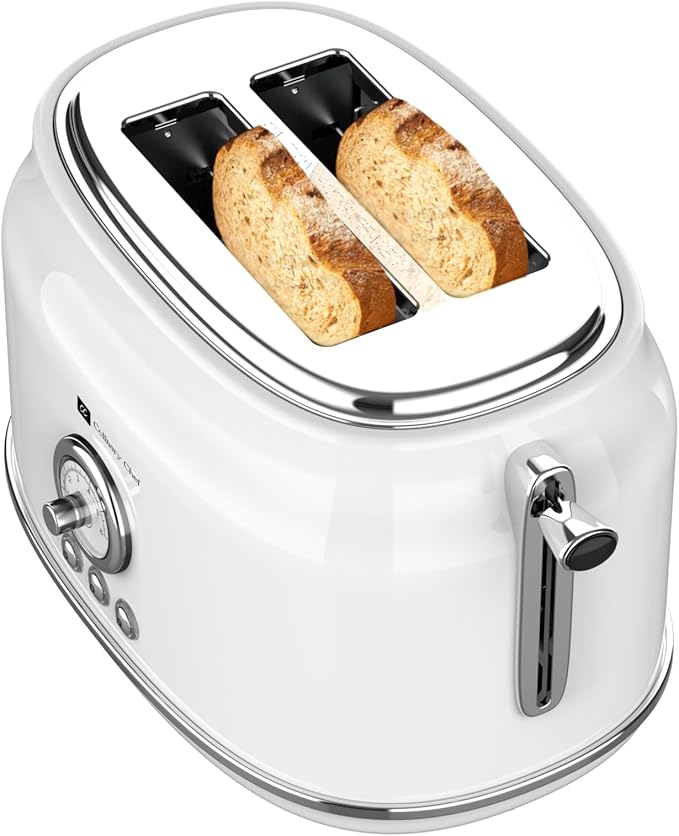 Frigidaire ETO102-WHITE, 2 Slice Toaster, Retro Style, Wide Slot for Bread, English Muffins, Croissants, and Bagels, 5 Adjustable Toast Settings, Cancel and Defrost, 900w, White