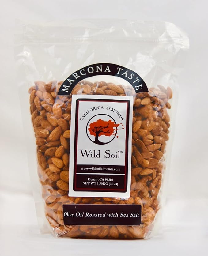 Wild Soil Terra Preta Almonds - Higher Protein and Higher Vitamin E Than Other Almonds, Marcona Like Taste, Olive Oil Roasted with Sea Salt, Beyond Organic: Eco Farmed with Proprietary Root Technology