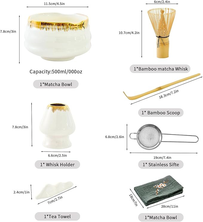 Matcha Whisk Set: Includes Bamboo Whisk, Matcha Bowl, Cute Stand, Bamboo Scoop, Scoop Rest, Sifter and Tea Towel — 7-Piece Matcha Kit with Golden Texture Details, a Favorite for Matcha Lovers (White)