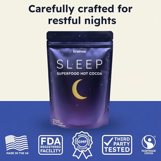Brainoa Sleep Cocoa for Chocolate Lovers – With Magnesium Glycinate, Ashwagandha, Reishi Mushroom & L-Theanine – Bedtime Sleep Aid Drink for Adults – No Melatonin, Added Sugar, or Artificial Flavors
