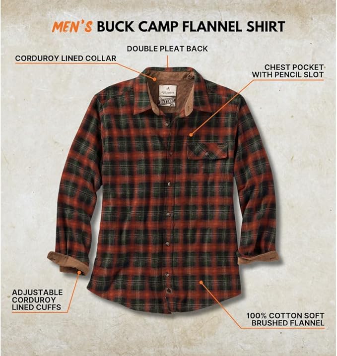 Legendary Whitetails Men's Flannel Shirt Long Sleeve Button Down 100% Cotton