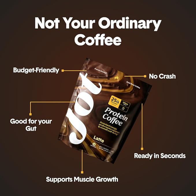 Jot Latte Protein Cold Brew Coffee Powder | Instant Iced Coffees | 25g Premium Whey Protein, 170mg Caffeine Per Serving | 15 Servings