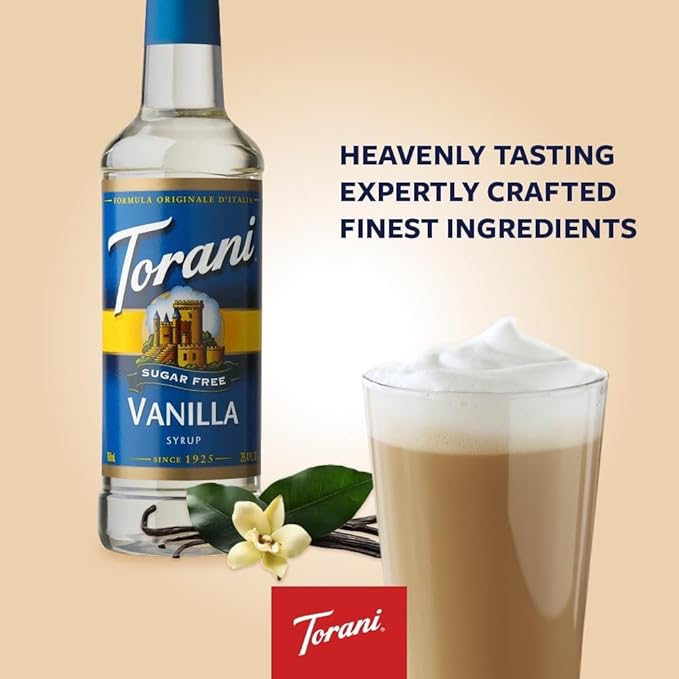 Torani Sugar Free Coffee Syrup, Vanilla Flavored Syrup for Drinks, Zero Calorie, Pump Included, 25.4 Fl Oz