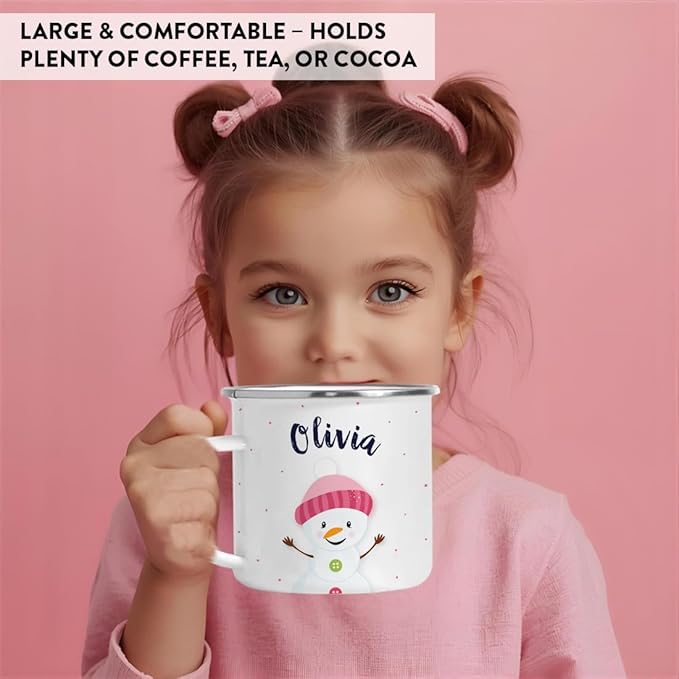 Andaz Press Personalized Name 11Oz. Kids Christmas Hot Chocolate Stainless Steel Campfire Coffee Mug, Charming Snowman Pink Hat Hello, 1-Pack, Custom Birthday Xmas Cup Hot Cocoa Mugs Christmas Mugs