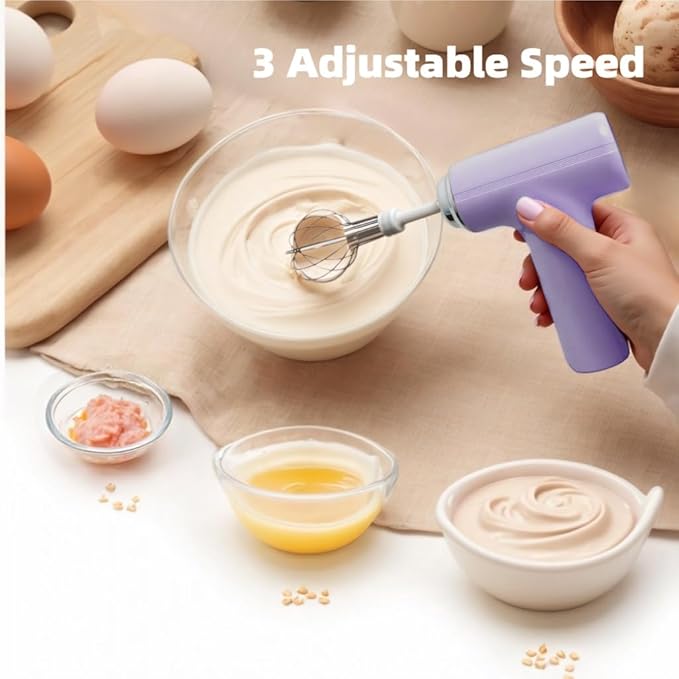 Cordless Hand Mixer, One Touch Off Handheld Electric Whisk with 3 Speed Modes, Hand Held Egg Beater with 2 Detachable Stir Whisks (Purple）