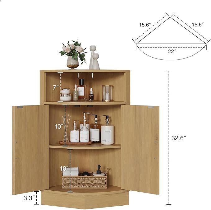 Corner Bathroom Cabinet, Modern Small Corner Cabinet with Fluted Door and Open Shelf, Space Saver for Bathroom, Living Room, Kitchen, Natural