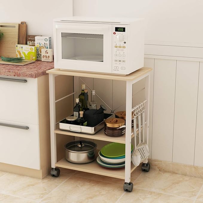 DlandHome Standing Baker's Racks Appliance Table Small Rolling Kitchen Cart Microwave Cart Stand, 3-Tier Kitchen Baker's Rack Utility Cart Microwave Stand Kitchen Shelf, W4-Maple