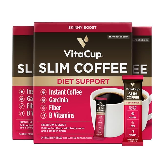 VitaCup Slim Instant Coffee Packets, with Garcinia, Fiber, B Vitamins, Skinny Coffee, Bold & Smooth, Medium Dark Roast, 100% Arabica Coffee in Single Serve Sticks, 72 Ct
