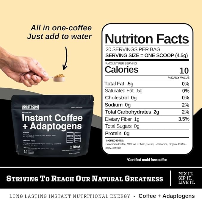 Strong Coffee Co. Instant Black Coffee | Organic Coffee with Nootropics & Adaptogens, NeuroFactor®, L-Theanine, Ashwagandha, Reishi & MCT Oil | No Jitters, No Crash (1, 30 Servings)