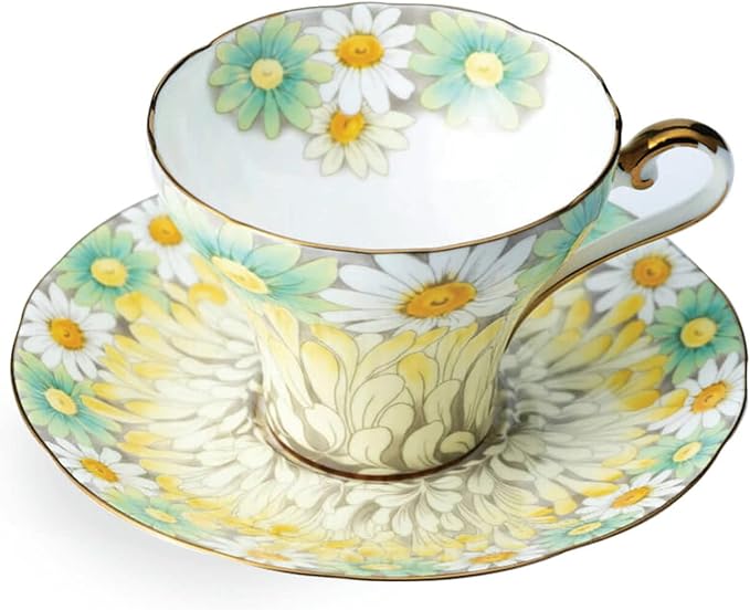 Aynsley Daisy Corset Fine Bone China Teacup & Saucer Set - 5oz (150ml), Hand-Painted Gold Trim, Christmas Gift for Tea Lovers, Elegant Afternoon Tea Set (Yellow)