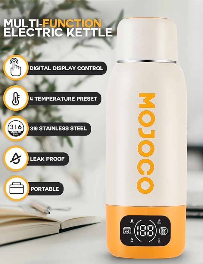 Mojoco Portable Travel Kettle - 20oz Double Wall Vacuum Insulated Stainless Steel Kettle for Coffee, Tea - Leak Proof Portable Small Water Boiler for RV, Camping