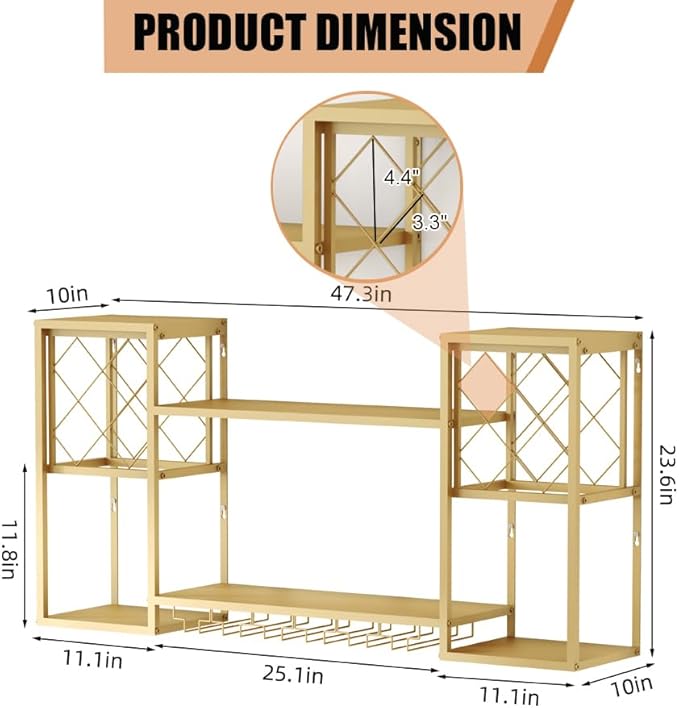 Metal Wall Mounted Wine Rack with Glass Holder, 2 Tier Mini Floating Bar Shelves, Liquor Bottle Display Shelf for Home Bar Kitchen Dining Room (Gold)