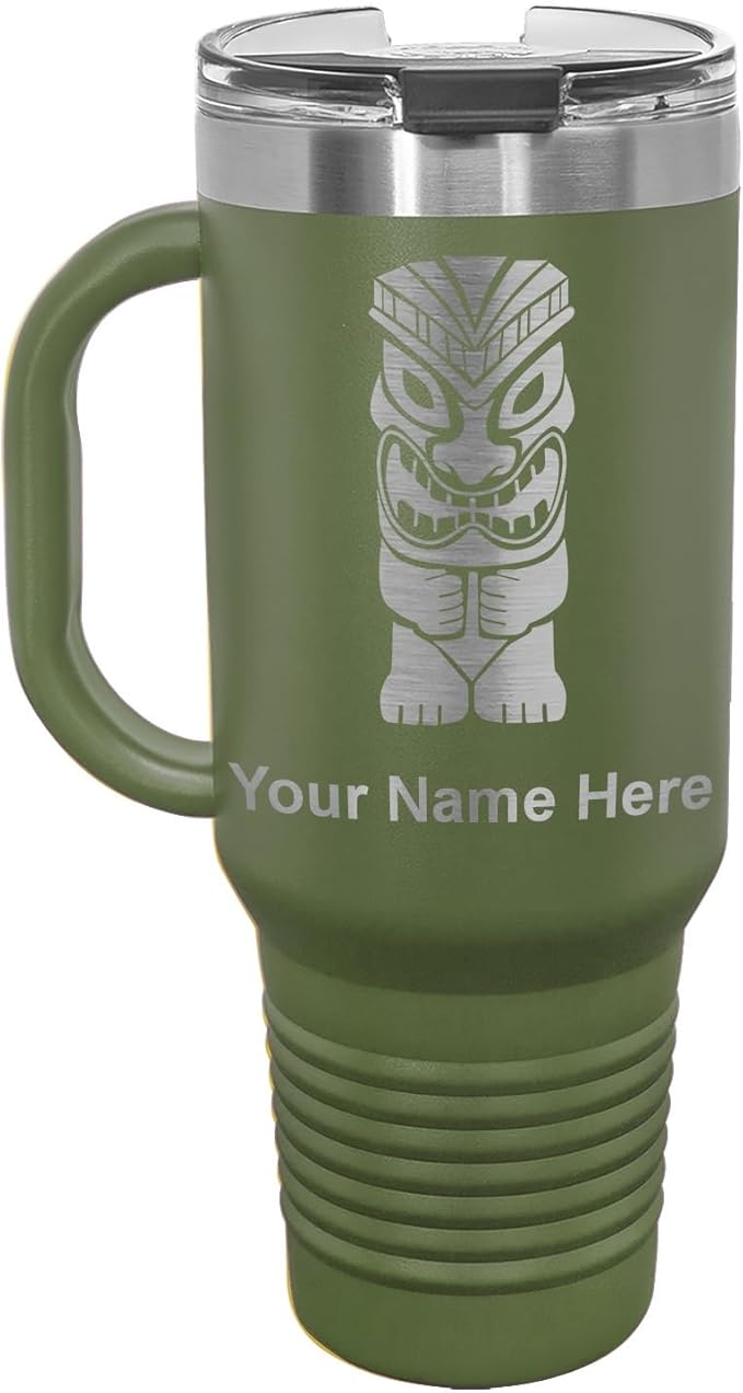 LaserGram 40oz Vacuum Insulated Travel Mug with Handle, Tiki Statue, Personalized Engraving Included (Camo Green)