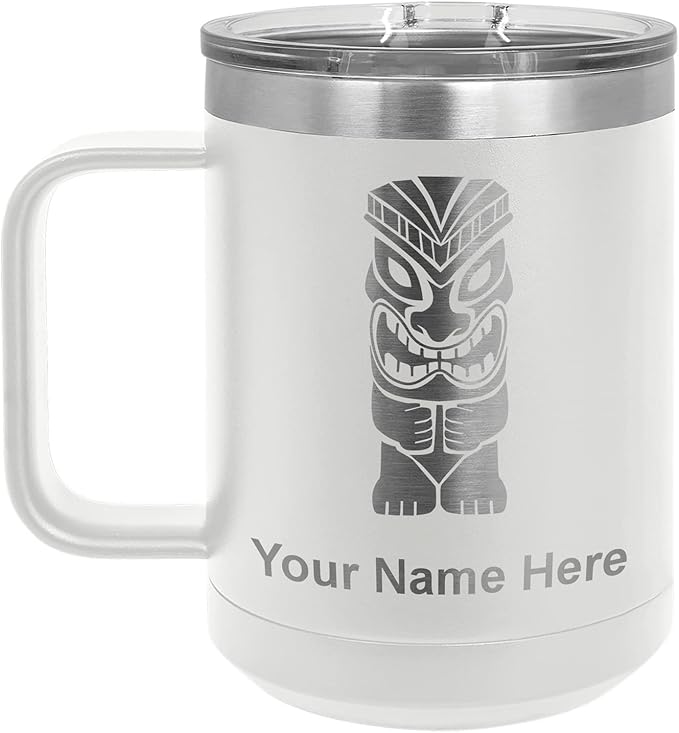 LaserGram 15oz Vacuum Insulated Coffee Mug, Tiki Statue, Personalized Engraving Included (White)