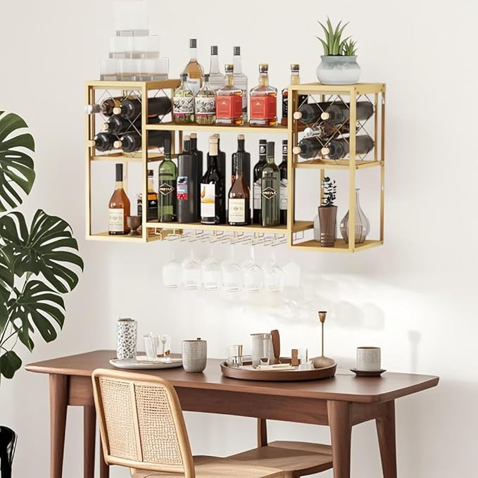 Metal Wall Mounted Wine Rack with Glass Holder, 2 Tier Mini Floating Bar Shelves, Liquor Bottle Display Shelf for Home Bar Kitchen Dining Room (Gold)
