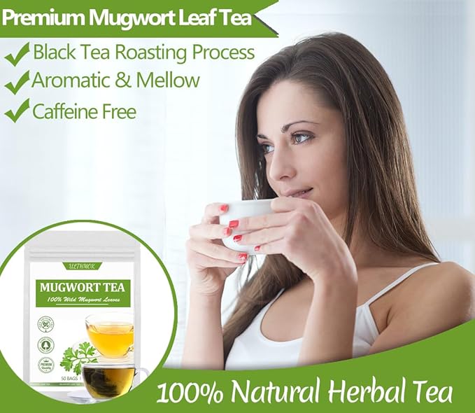 Premium 50 Mugwort Tea Bags, Made with 100% Pure Mugwort Tender Leaves, No Additives & Caffeine Free.