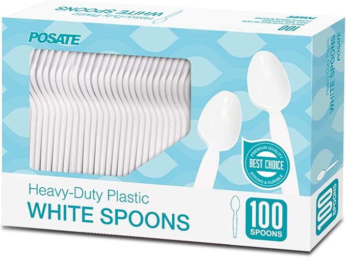 POSATE Plastic Spoons, White, Heavy weight, 100 Count