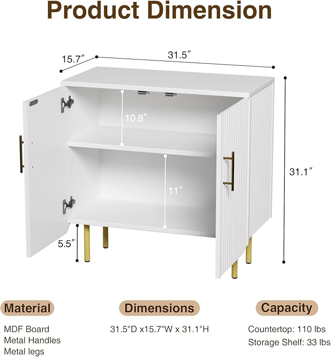 Vabches Fluted White Storage Cabinet, 2 Doors Modern Sideboard Buffet Cabinet with Adjustable Shelves and Metal Leg, Accent Cabinet for Living Room, Dining Room, Entryway (White & Gold)