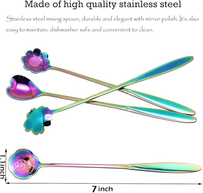 Rainbow Stainless Steel Reusable Tea Scoops and Stirring Spoons - Set of 4, Coffee, Mixing, Sugar, Dessert, Cake, Ice Cream Spoons for Tea Party, Dishwasher Safe