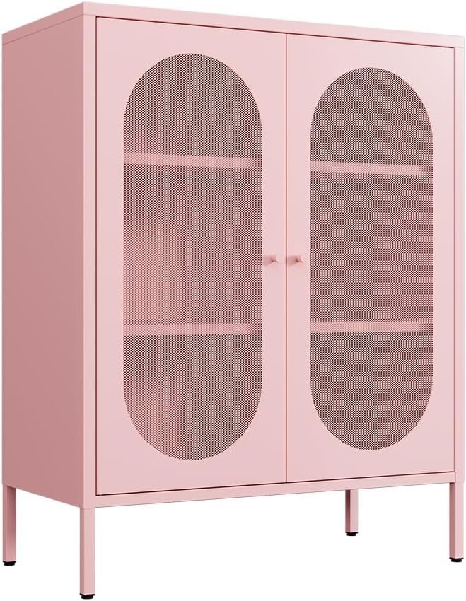 Display Cabinets with 2 Mesh Doors，Kitchen Cupboard, Storage Closet with Adjustable Shelf and High Feet, Pink Cabinet for Home, Office, Living Room,Dining Room,Sideboard, Hallway and Entryway
