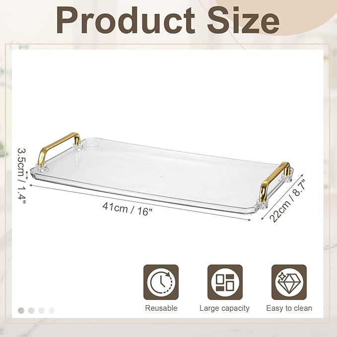 uxcell Plastic Serving Tray with Golden Handle, 16 x 8.7 Modern Rectangular Decorative Tray Acrylic Reusable Tea Platter for Countertop Bathroom Kitchen Home Restaurant, Transparent