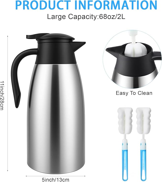 4 PCS 68 Oz Thermal Coffee Carafe with 4 PCS Brushes, 316L Stainless Steel Double Walled Vacuum Insulated Coffee Carafes for Keeping Hot 12 Hours, Cold 24 Hours, Carafe for Hot Liquids, Beverages