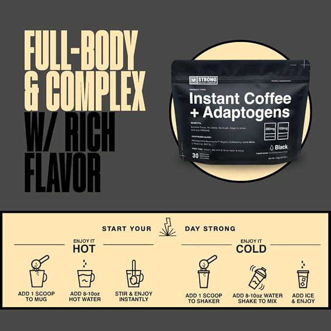 Strong Coffee Co. Instant Black Coffee | Organic Coffee with Nootropics & Adaptogens, NeuroFactor®, L-Theanine, Ashwagandha, Reishi & MCT Oil | No Jitters, No Crash (1, 30 Servings)